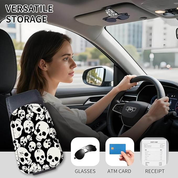 Sunglasses Holder for Car Visor, PU Leather Glasses Clip Organizer, Cute Magnetic Eyeglass Holder for Vehicle Sun Visor, Car Interior Accessory for Women & Men Black White Skull Pattern