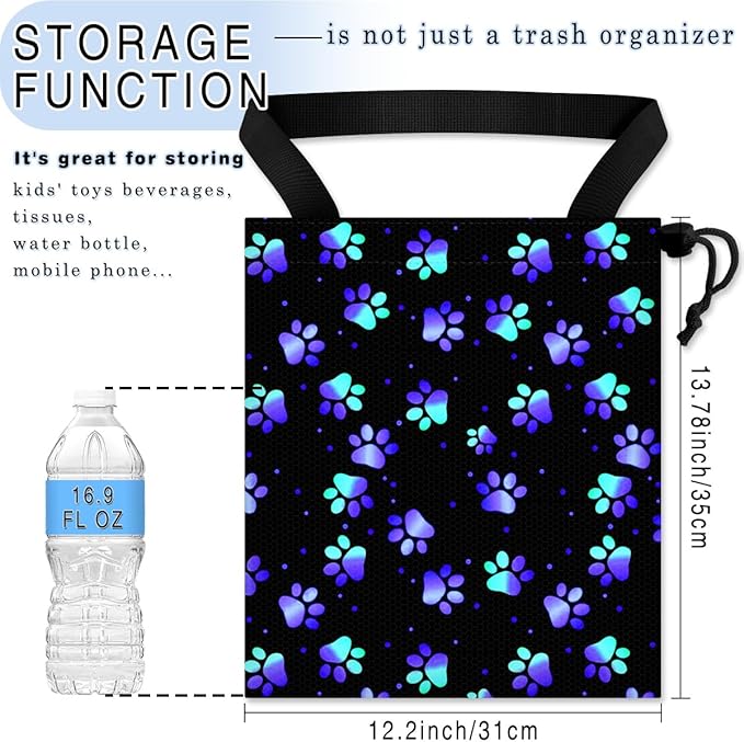 Car Trash Bag Hanging Back of Seat Waterproof Small Cute Printed One-handed Strap Drawstring Garbage Bags for Car-Paw Print