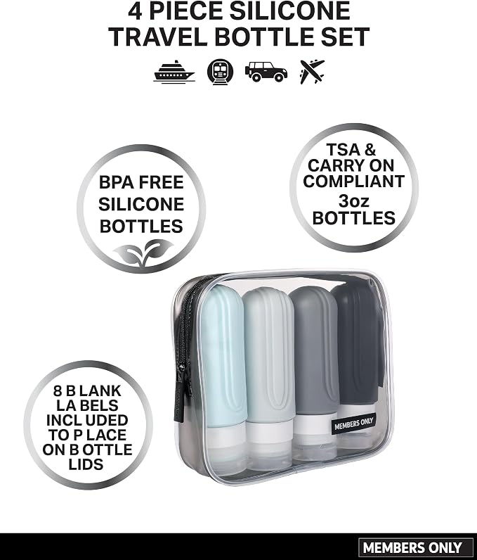 Members Only 4-Piece Leakproof Silicone Travel Bottles, Travel Size Containers Toiletry Bottles, Traveling Essentials