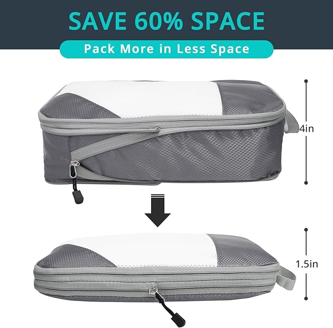 Compression Packing Cubes 10 Set, Compressible Space-Saving Packing Cubes for Travel - Compression Bags, Luggage Organizer, Travel Essentials for Women, Grey