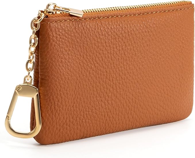 Full Grain Leather Coin Purse with Key Chain - Small Change Purse Keychain Card Holder Keychain Pouch Small Keychain Wallet for Women and Men (Brown, Large Size)