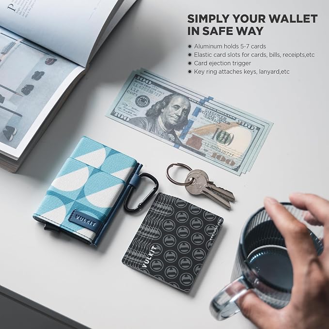 VULKIT Slim Wallet for Men and Women, Pop up Credit Card holder Metal Case RFID Blocking with Keychain and Elastic Pocket (Circle Blue)