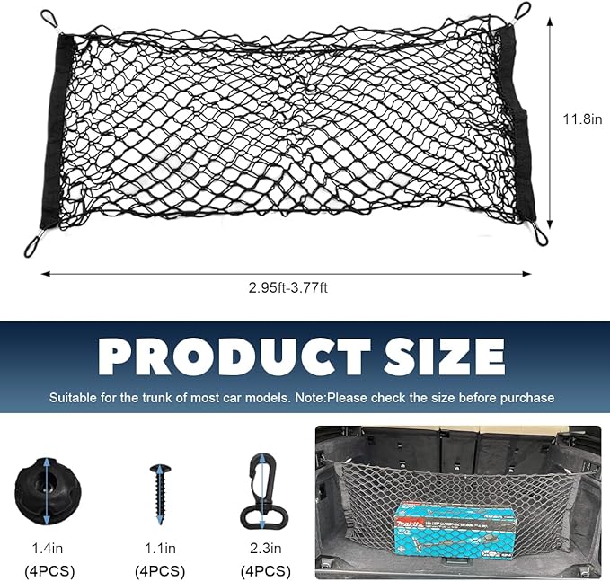 Stretchable Cargo Net, Adjustable Elastic Storage Mesh Nets, Envelope Style Cargo Netting with Mounting Screws and Hooks, Trunk Rear Cargo Organizer Net for Car Truck SUV (35.4×11.8 Inch)
