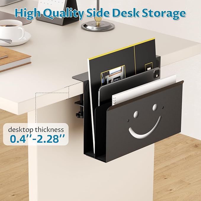 Onemake 2 Tier Desk Side Storage, Funny Smile Clamp on Desk Shelf with Magnetic Pen Holder, Hanging Desk Organizer for Home Office, Fits Flat Edge Tables 0.4" to 2.3"