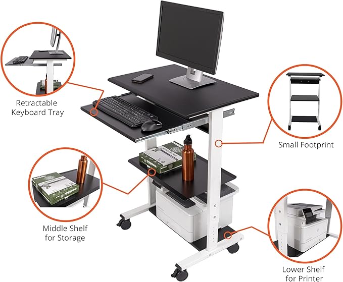 Stand Up Desk Store Mobile Rolling Adjustable Height Standing Workstation with Printer Shelf and Slideout Keyboard Tray (White Frame/Black Top, 30" Wide)