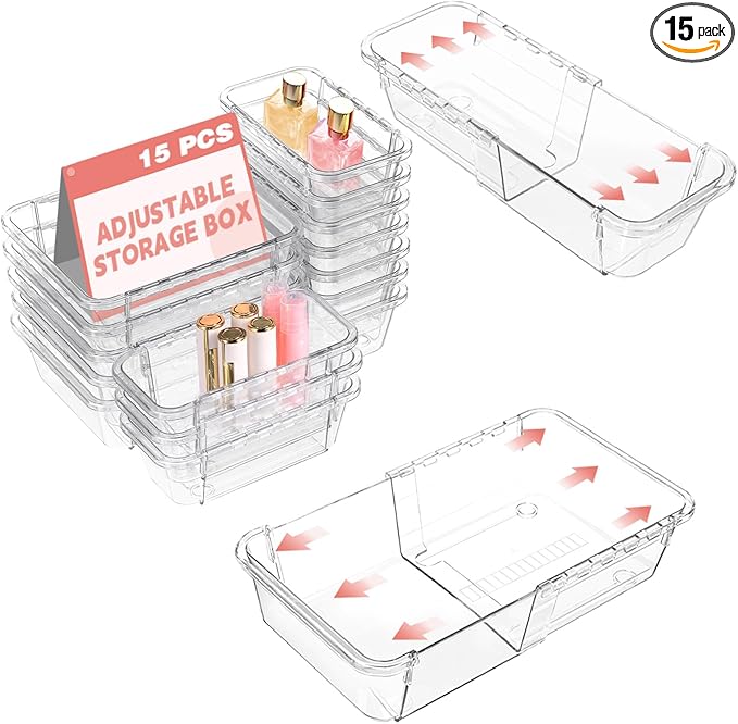 15 Pcs Extendable Clear Drawer Organizer, All Adjustable Vanity Storage Box, 2-Size Desk Drawer Organizer, Acrylic Storage Bins for Makeup, Cosmetic, Bedroom Dressers Tool Organizer for Gadgets