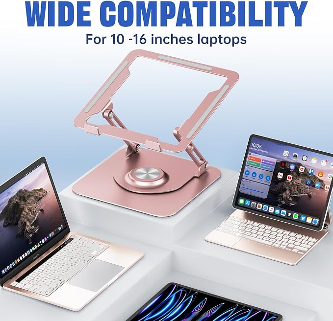 Laptop Stand for Desk, Adjustable Computer Stand with 360° Rotating Base, Ergonomic Laptop Riser for Collaborative Work, Foldable & Portable Laptop Stand, fits for All 10-16" Laptops (Rose Gold)