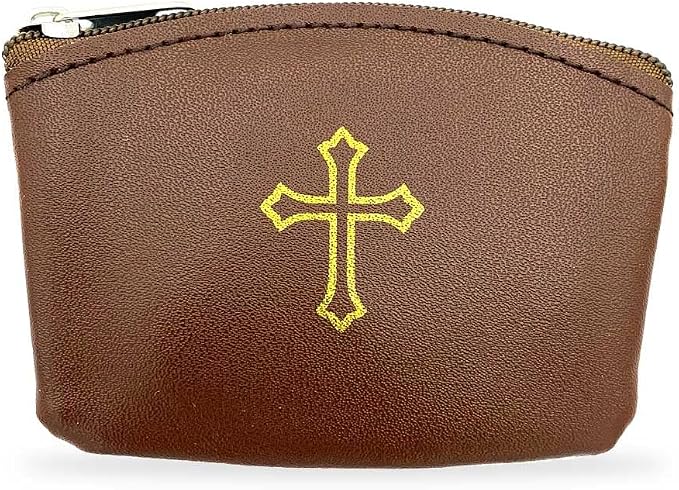 Brown Rosary Pouch with Zipper & Gold St. Thomas Cross Imprint | Compact Leatherette Rosary Case for Small to Medium Rosaries | Protective Travel Rosary Holder for Men & Women
