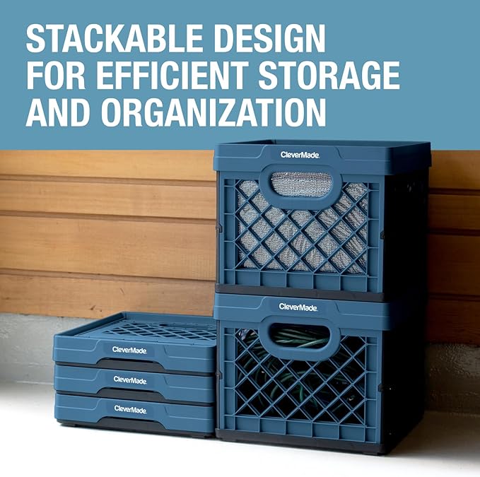 CleverMade Collapsible Milk Crate 25L (6.6 Gal) 3 Pack, 50 lb Capacity Heavy Duty Folding Crate – Stackable Storage Crates with File Rails, Plastic Collapsible Crates - Obsidian