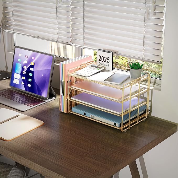 gianotter 4-Tier Paper Organizer With Magazine Holder, Desk Organizers and Accessories, Desk Accessories & Workspace Organizers, File Organizer for Office Supplies Storag (Gold, 4-Tier)