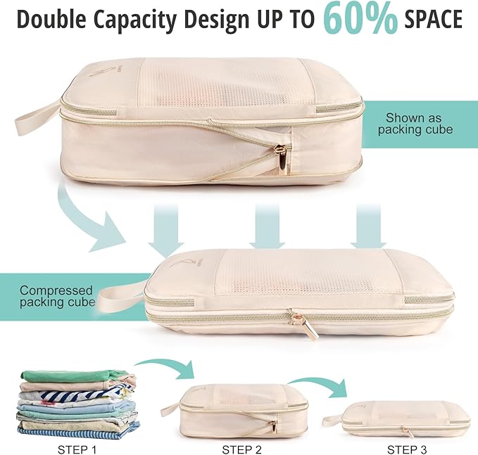 Compression Packing Cubes for Travel, Bunnychill Portable Zipper Packing Cube for Cloting, Expandable Space Saver Storage Luggage Organizer Bags for Suitcases