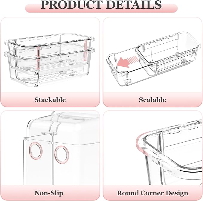 DILIBRA 16 Pcs Clear Extendable Drawer Organizer, 3-Size Adjustable | Plastic Non-Slip Storage Bins, For Makeup Cosmetic Jewelries, For Utensils Stationery, For Dressers Tool, Desk Drawer Storage