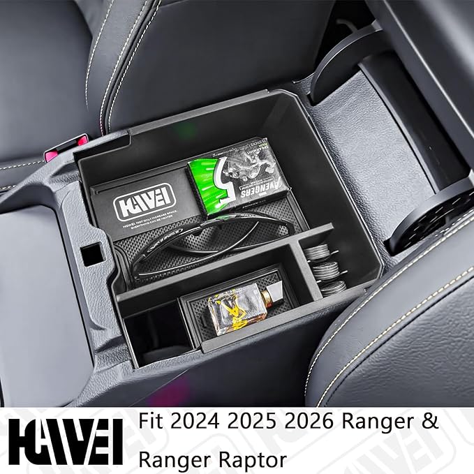 HGWEI Center Console Organizer Tray Compatible with 2024 2025 2026 Ford Ranger & Ranger Raptor Interior Accessories, Coin Container Armrest Storage Box(Electric handbrake Version), Black