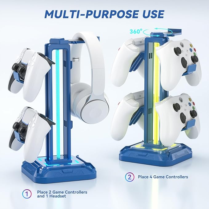 KDD Headset Stand with Light Modes - Controller Holder for Desk - Rotatable Headphone Stand & Detachable Controller Hook for PC Earphone Accessories(Blue)