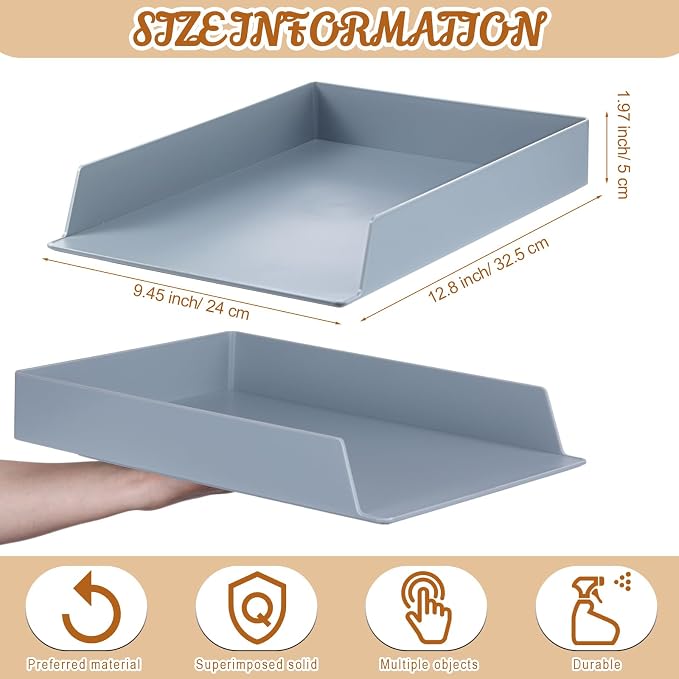 Wenqik 4 Pcs Stackable Paper Trays Rectangular Plastic Desk Holder Desktop Document File Organizer Storage Letter for Office Classroom (Gray)