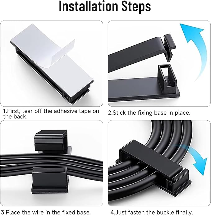 Adhesive Cable Clips Holder, Outdoor Light Clips, Black Cord Wire Clips, Sturdy Nylon Cord Wall Finisher Wire Clamp for Home, Car, Office Desk Wire Management (Black, L-100 PCS)