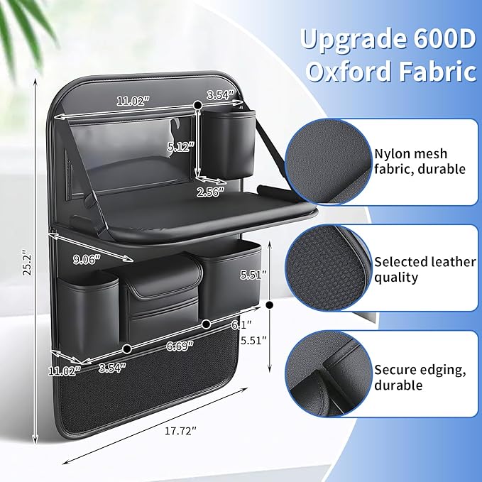Car Seat Back Organizer with Foldable Tray, Car Seat Back Protector, Premium Leather Kick Mats, Multiple Storage Pockets, Travel Accessories for SUV Truck (Long)