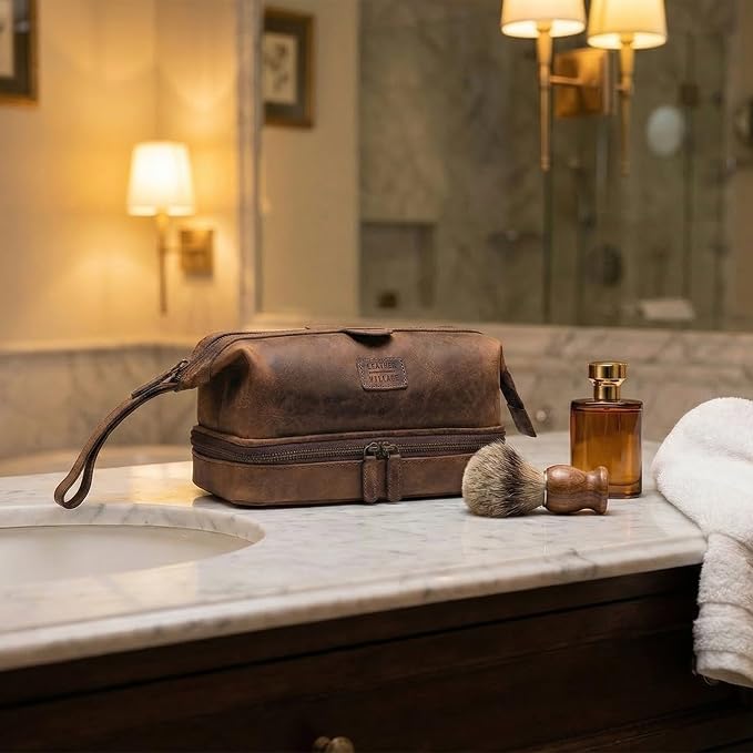 LEATHER VILLAGE Genuine Leather Dopp Kit – Large Travel Toiletry Bag with Waterproof Lining, Dual-Zip Design for Men & Women, Organizer for Shaving, Makeup & Essentials - Rustic Brown