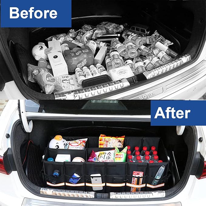 Collapsible Car Trunk Organizer with Reflective Strips, Durable 1680D Oxford Fabric, Large Capacity Storage Bin with Aluminum Handles, Anti-Slip Bottom – 60x35x30cm (23.4x13.8x11.8 inches)