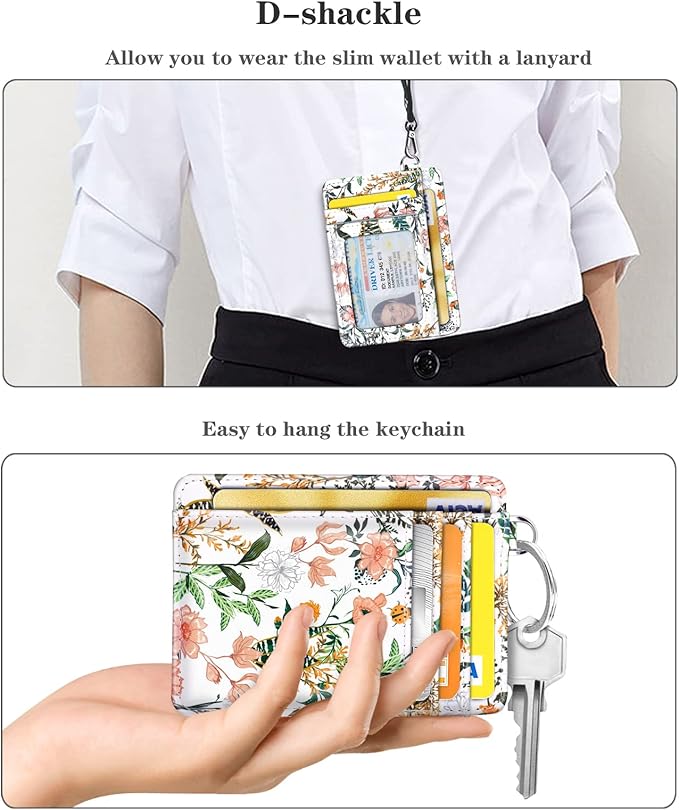 Coco Rossi Slim Front Pocket Wallet RFID ID Card Holder Cute Small Wallet with Keychian for Women,White Flowers