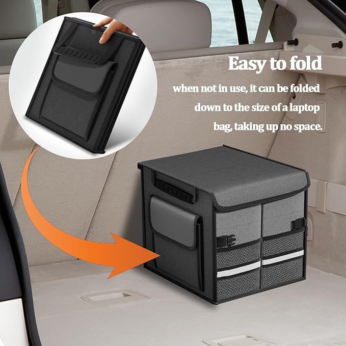 HZEL Car Trunk Organizer with Lid, Foldable Slip Resistant Multi-Compartment Vehicle Cargo Storage Box, Collapsible Waterproof Automotive Trunk Organizer, Universal for SUV Van Truck (Gray)