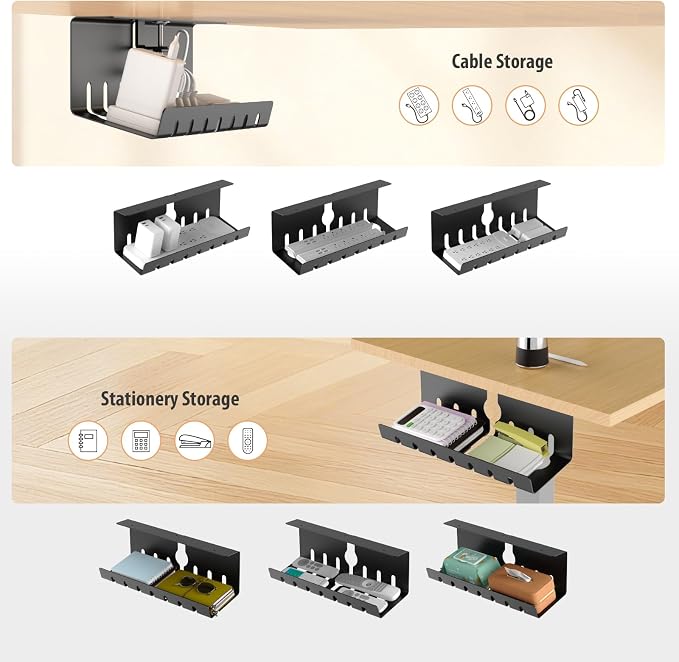 Syeeiex 17" Under Desk Cable Management Tray, No-Drill C-Clamp & Screw Mount, Heavy Duty Metal Cord Organizer with Cable Ties, for Office Home Workspace, Black