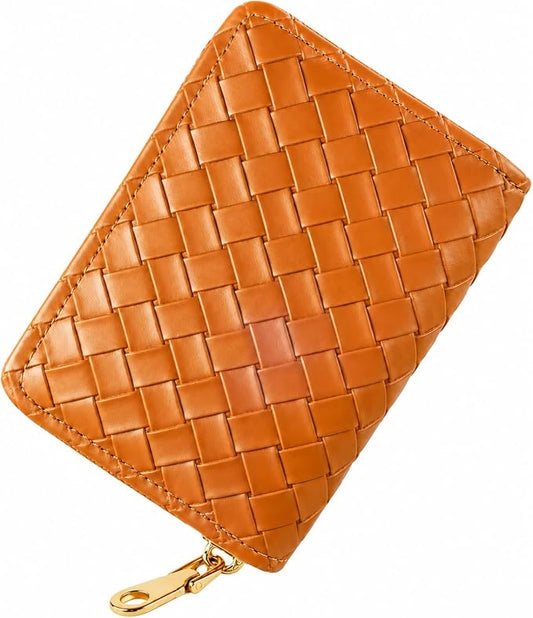 Ladies change card bag, zip storage bank card case, small portable 11 large capacity pouch, holds banknote change credit card(Brown woven pattern)