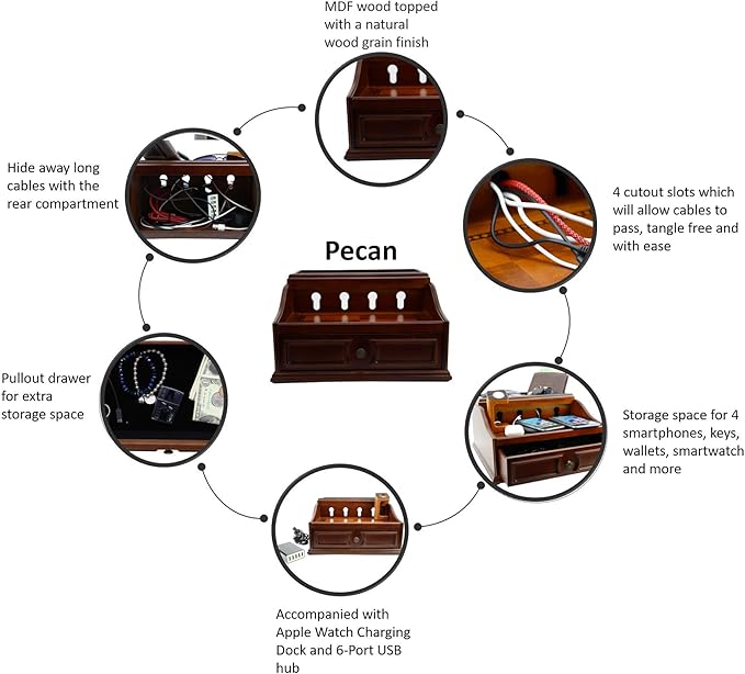 Pecan Brown Wooden Multi-Device Charging Station and Valet