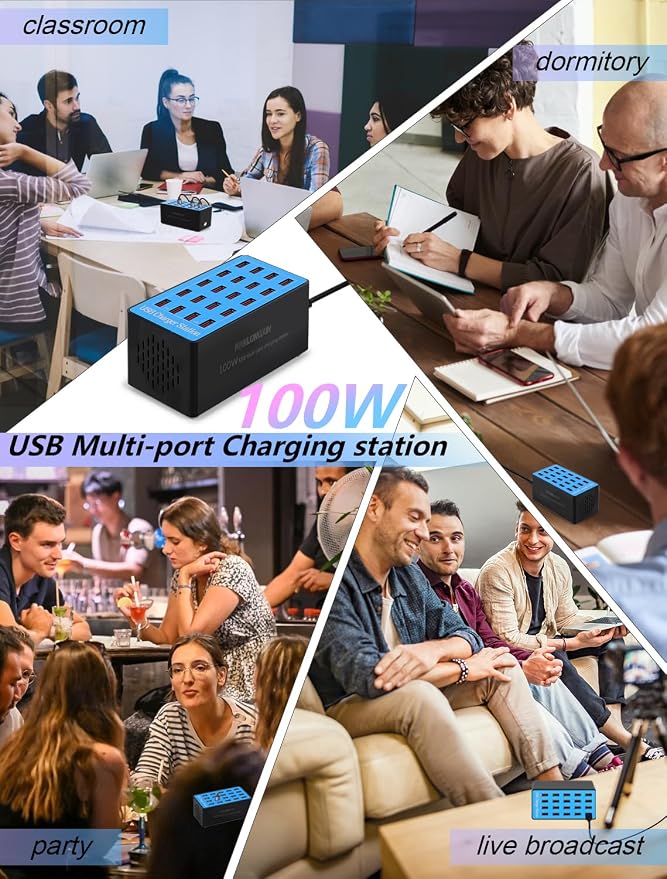 USB Charging Station,100W 20-Port Multi Smart Safety Fast Charger Station for Phone Tablet Watch Headphone PS, Compact Desktop Charger Home Office Travel