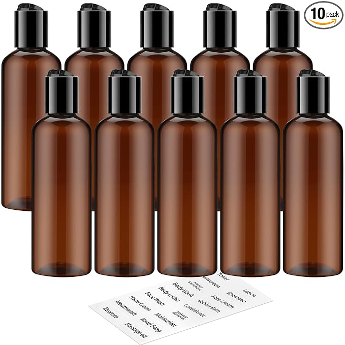 TUZAZO 10 Pack 3.4 oz Amber Plastic Travel Bottles for Toiletries TSA Approved Leakproof Travel Size Containers Empty Small Plastic Shampoo Lotion Bottles with Labels