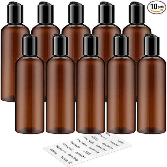 TUZAZO 10 Pack 3.4 oz Amber Plastic Travel Bottles for Toiletries TSA Approved Leakproof Travel Size Containers Empty Small Plastic Shampoo Lotion Bottles with Labels