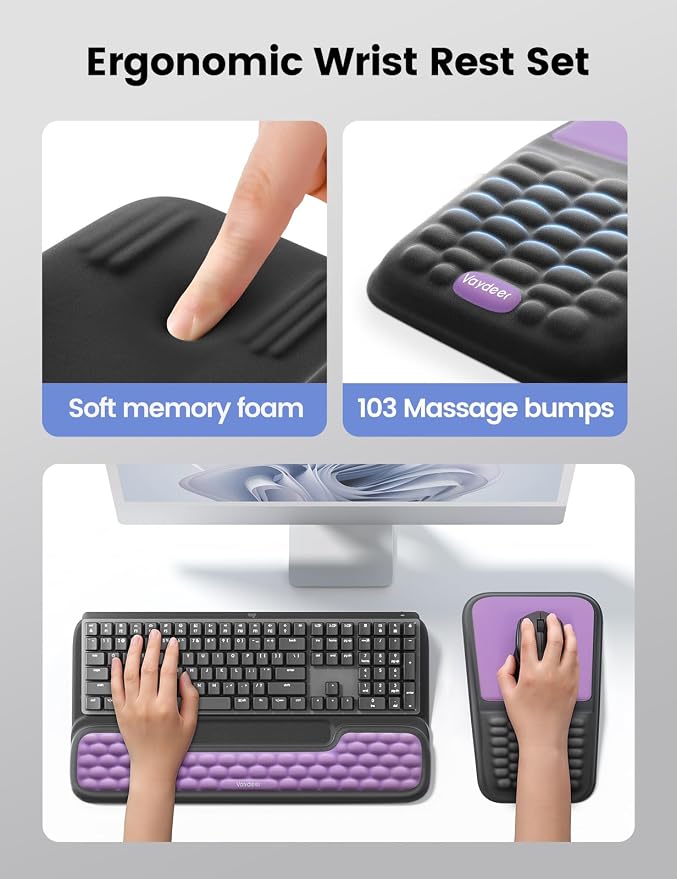 Vaydeer Keyboard Stand and Mouse Pad Set Wrist Rest, Computer Wrist Support Pad, Memory Foam Desk Cushion Mouse Support, Ergonomic Tilt Keyboard Riser Lift, Palm Hand Typing for Office, Home, Gaming