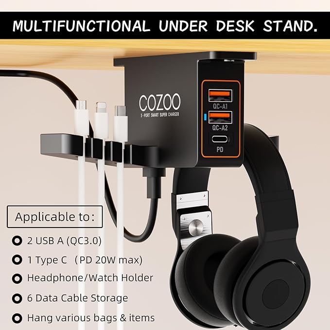 cozoo Headphone Stand with USB Charger Under Desk Headset Holder Mount 3 USB Charging Station,iWatch Stand Watch Dock Dual Earphone Hanger Hook,PC Accessories Gifts,UL Tested