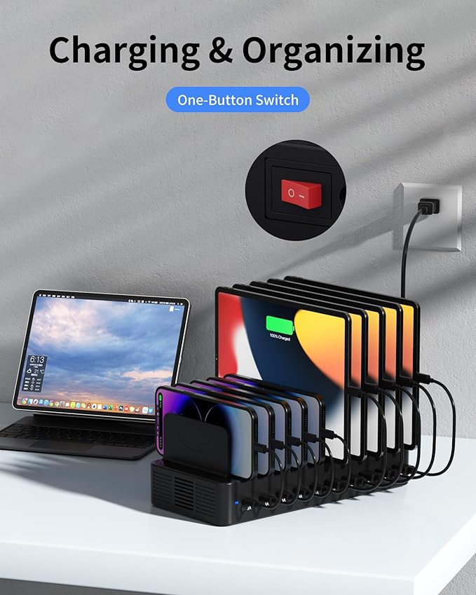 100W Charging Station for Multiple Devices, 10-Port USB Fast Charging Station with Adjustable Dividers & 10 Cables- Multi Device Organizer Charging Dock for iPhone, iPad, Tablets & More(Black)