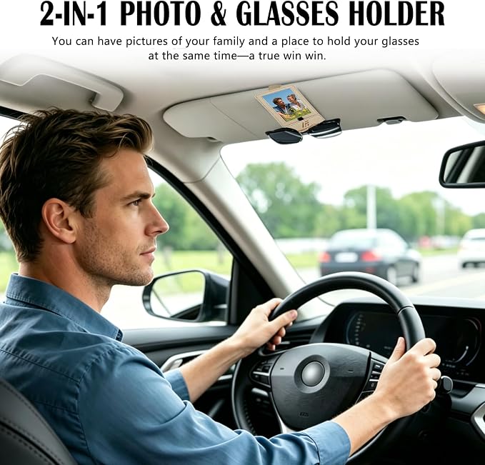 Magnetic 2-in-1 Sunglass & Photo Holder for Car Visor, Leather Anti-Slip No-Fall No-Slide, Fits SUV Truck RV