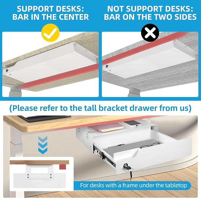 Under Desk Drawer Storage with Lock, Metal Undermount Table Drawer, Ball Bearing Slides Out Tray Organizer for Paper, Pencil, and Laptop 24"x10.3"x2.1", White with Divider