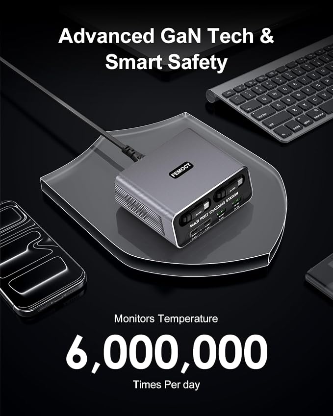 6-in-1 Retractable USB C Charger, 100W GaN Desktop Charging Station for Multiple Devices, Dual 2.3ft Built-in Retractable Cords, PD 65W Fast Charger for iPhone 17/16/15, Galaxy S26, Home Office