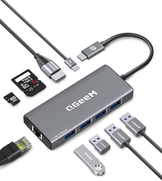 QGeeM USB C Hub Ethernet,9 in 1 USB Type C Hub HDMI Multi-Port Converter Adapter,100W Pd, USB 3.0,SD/TF Card Reader,Compatible for MacBook Pro Air Ipad HP Dell Lenovo Chromebook etc.-Gray