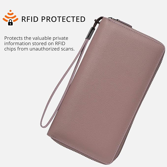 Bveyzi Women RFID Blocking Wallet Leather Zip Around Phone Clutch Large Capacity Ladies Travel Purse Wristlet | RFID Blocking, Zip Around, Large Capacity