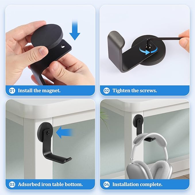 Magnetic Headphone Holder, Aluminum Headset Hooks, Headphone Hanger for Desk & Table, Headphone Mount Stand with Rubber Pad, Compatible with All Computer/Gaming Headsets (Black)