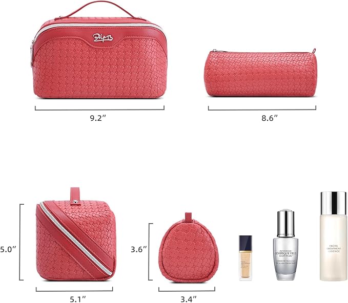 BOYATU Travel Makeup Bag Cosmetic Bags for Women: Large Capacity 3 Pcs Set Make up Bag with Compartments - Waterproof Vegan Leather Toiletry Organizer Bags with Handle (L54Rose)