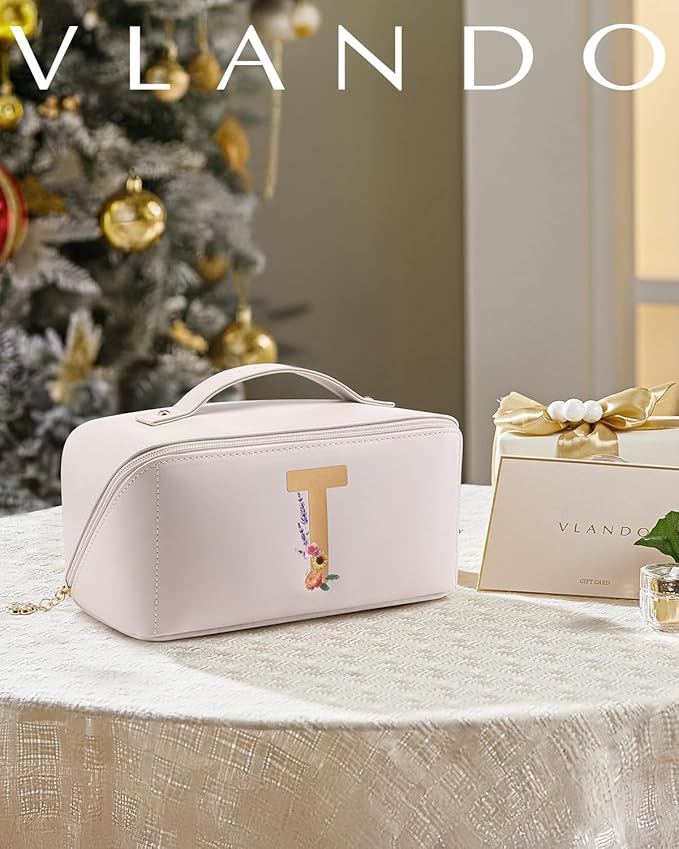 VLANDO Valentines Day Gifts,Initial A-Z Makeup Travel Bag, Personalized Gifts for Friendship Bridesmaid Gift Ideas Valentine's Day Anniversary（Letter T