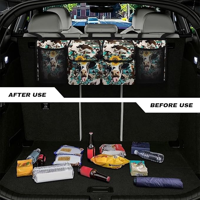 Aztec Tribe Sunflower Car Trunk Organizer,Backseat Hanging Large Storage with Adjustable Straps,Funny Cow Design Collapsible Cargo Bag,Car Interior Accessories Not Easy to Fade