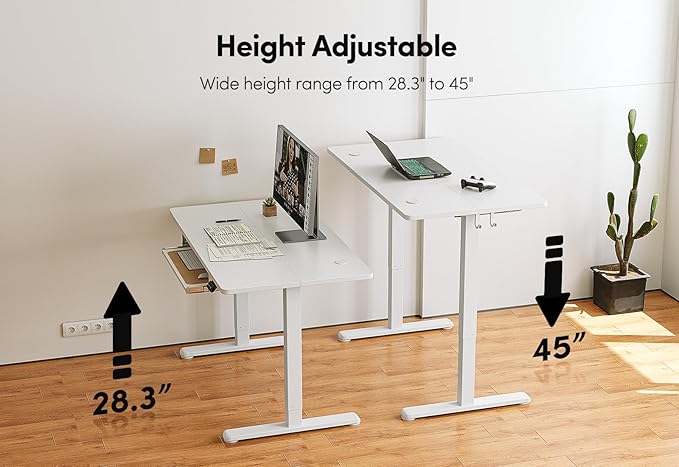 BANTI 63" x 24" Height Adjustable Electric Standing Desk with Keyboard Tray, Sit Stand up Desk with Splice Board, White Frame/White Top