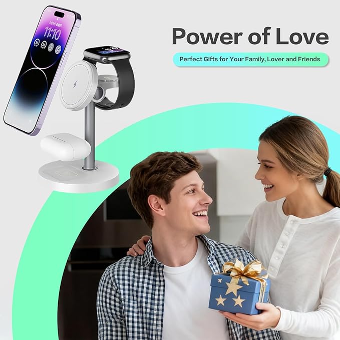 3 in 1 Wireless Charging Station Compatible with MagSafe, 15W Fast Charging Magnetic Mag-Safe Charger Stand for Apple iPhone 17 16 15 14 13 12Series Apple Watch AirPods Pro 4 3 2, Gifts for Men Women