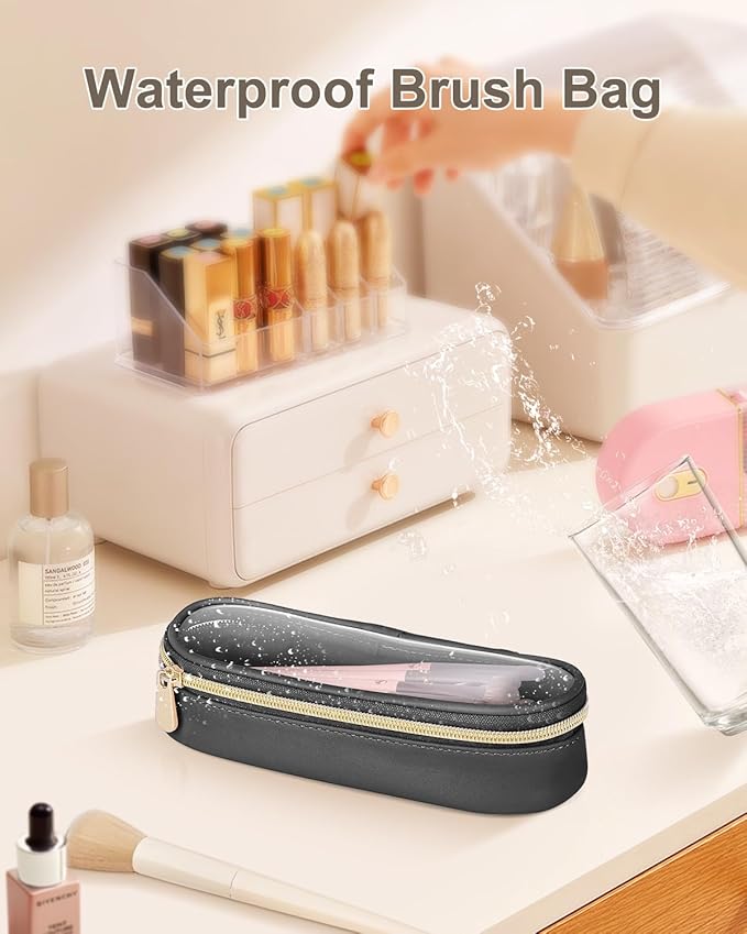 Soimeat Clear Travel Makeup Brush Holder, Leather Makeup Brush Toiletry Bag, Portable Cosmetic Brush Case, Transparent Waterproof Makeup Brush Storage Bag, Black
