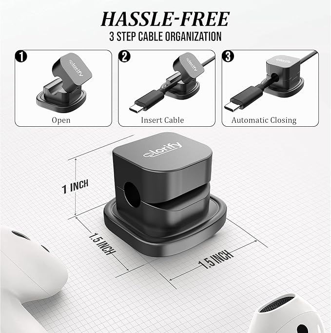 8 Pack Spring Cord Holder Clips [360° Rotatable, 1-Hand Use] — Adhesive Cable Clips for Nightstand, Desk, Wall & Kitchen | Phone Charger Cord Holder | No-Residue | Fits 2.5–8mm Cables