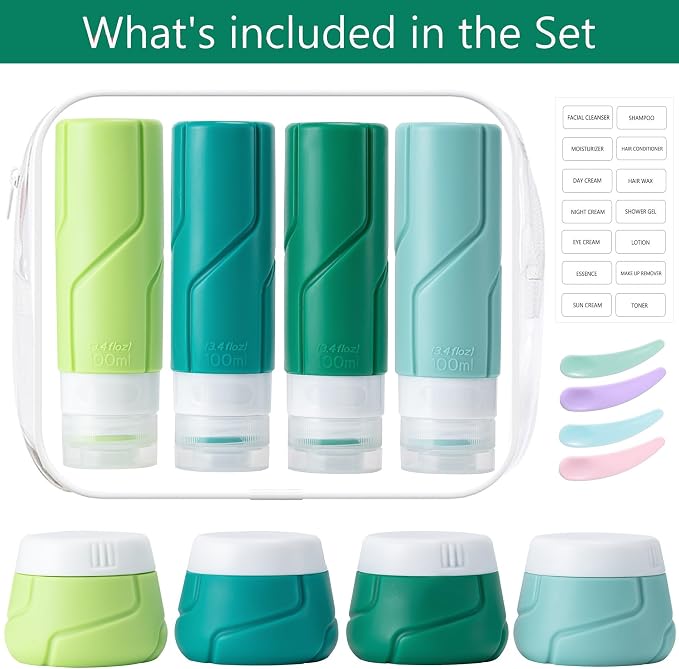CADONO Travel Bottles - 15 Pack, TSA Approved Travel Size Toiletries, Leak Proof Silicone Squeezable Containers in Clear Bag(Green)
