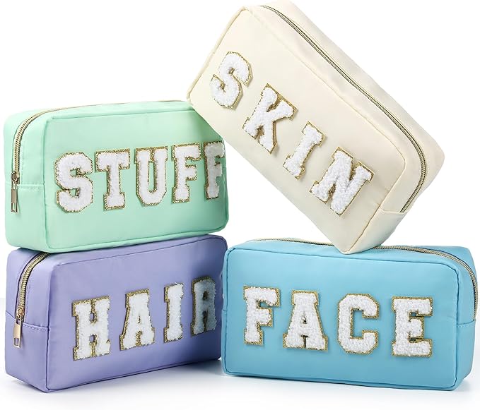 Cunno 4 Pcs Preppy Makeup Bags Chenille Letter Stuff Bag Nylon Cosmetic Pouch Cases with Zipper for Women Travel Toiletry