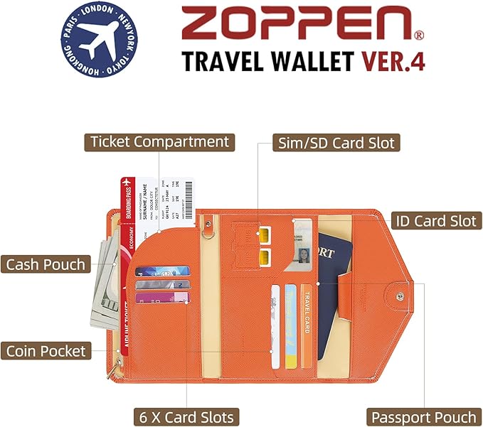 ZOPPEN Mulit-purpose Rfid Blocking Passport Holder Travel Wallet (Ver.4) Passport and Vaccine Card Holder ComboTri-fold Document Organizer Travel Essentials